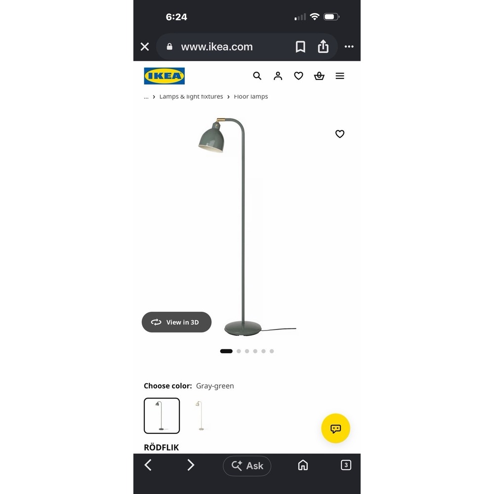 IKEA RÖDFLIK Floor Reading Lamp Gray-Green 55" 805.635.81 Open Box